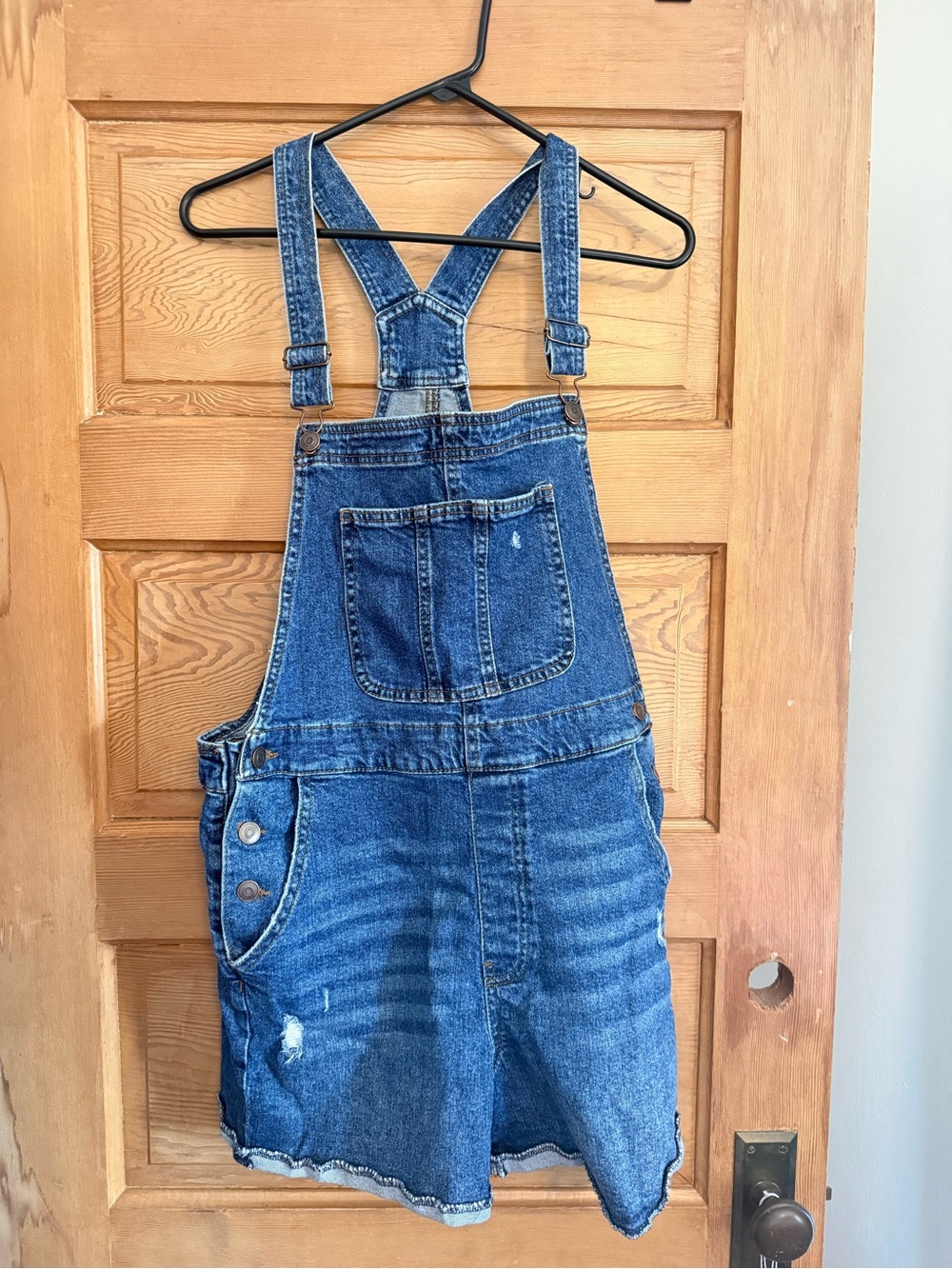 No Boundaries Blue Denim Short Overalls with Contrast Stitching
